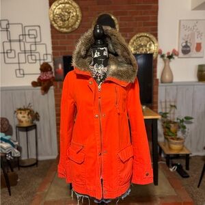 Women's Daughters of the Liberation Vibrant Orange Fur-Trimmed Utility Jacket